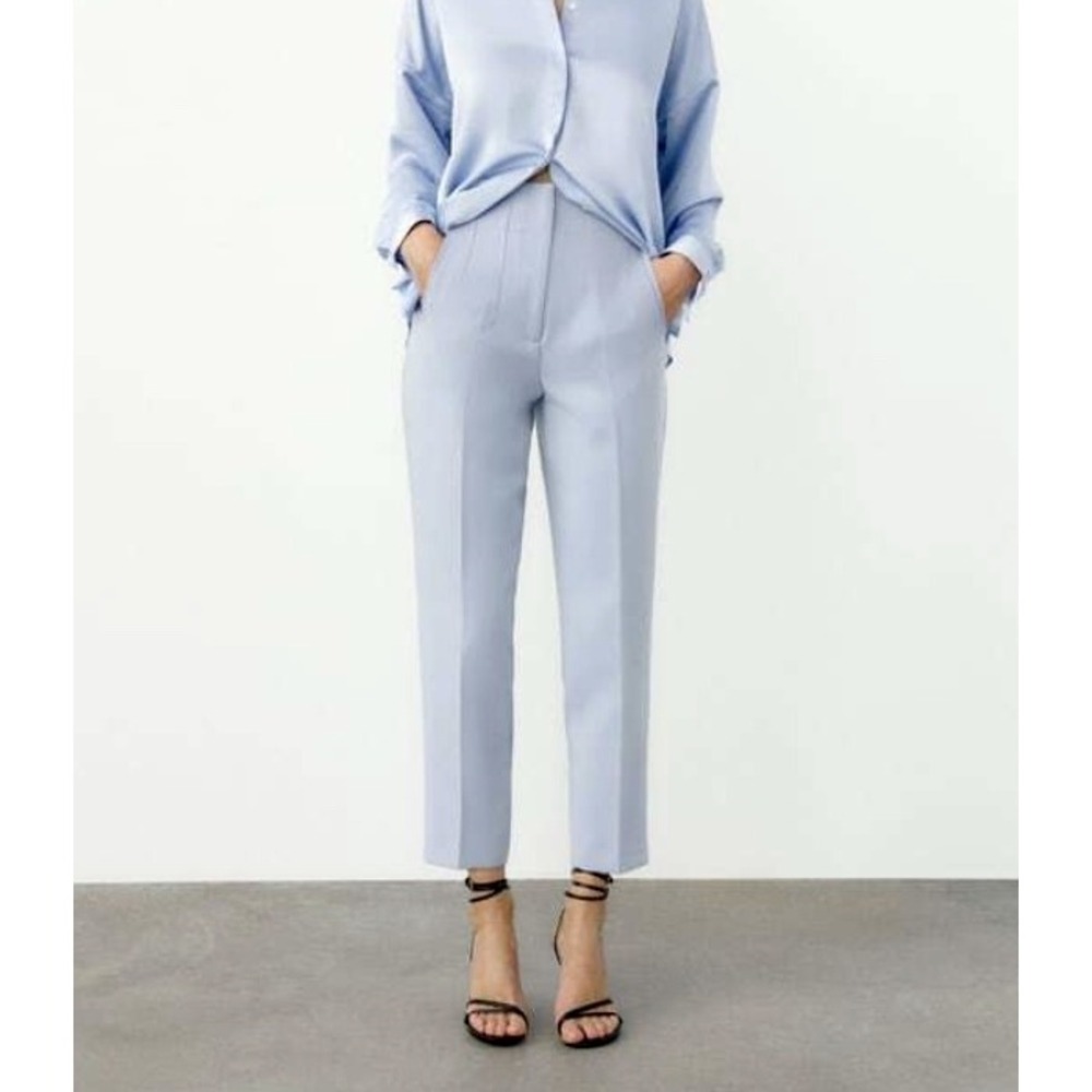 Zara Womens High Waisted Tapered Trousers Light Blue Pastel Size M 7901/532/400